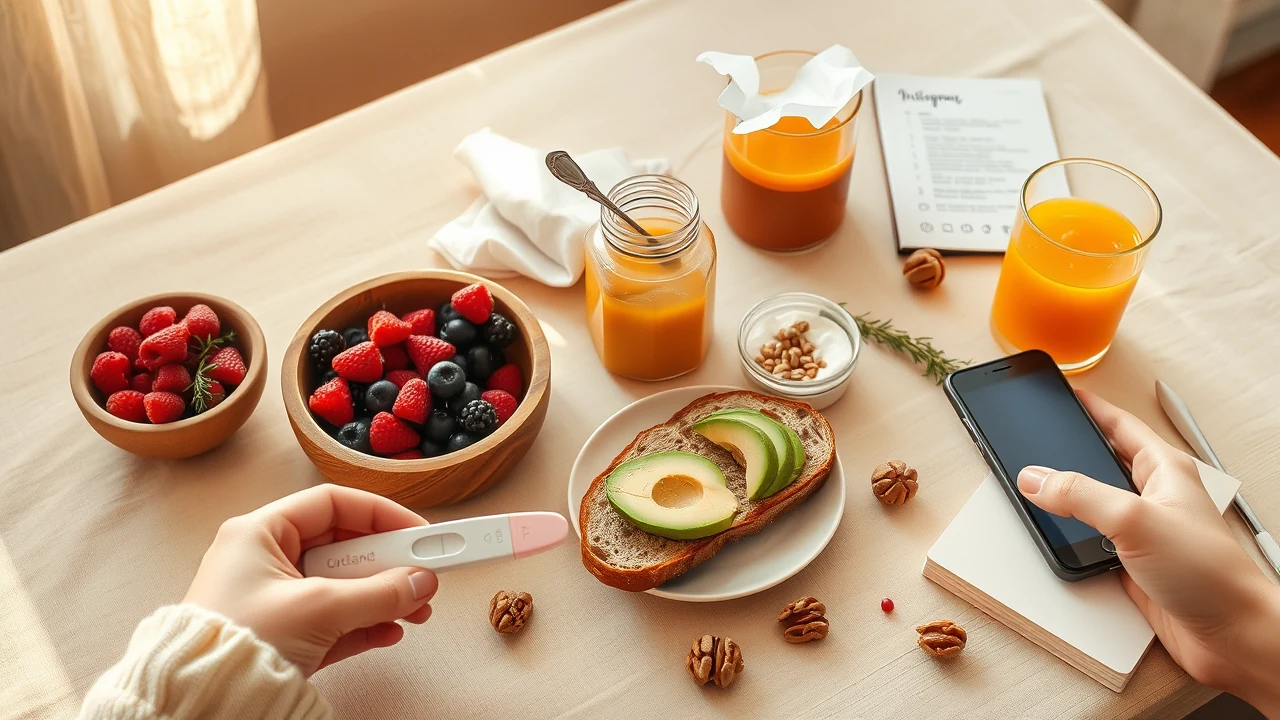 Petit-déjeuner équilibré aux baies fruits secs avocat pain aux graines yaourt miel et jus d’orange sur nappe lin clair a