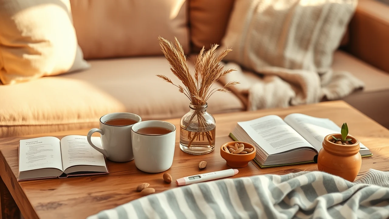 Deux tasses de tisane côte à côte sur une table en bois baignée de lumière dorée avec bouquet séché blé eucalyptus couve