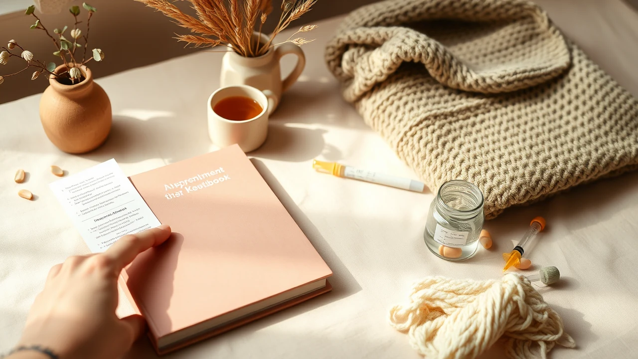 Mains tenant un carnet mauve et une ordonnance floue parmi théière tisane couverture verte vase eucalyptus et accessoire